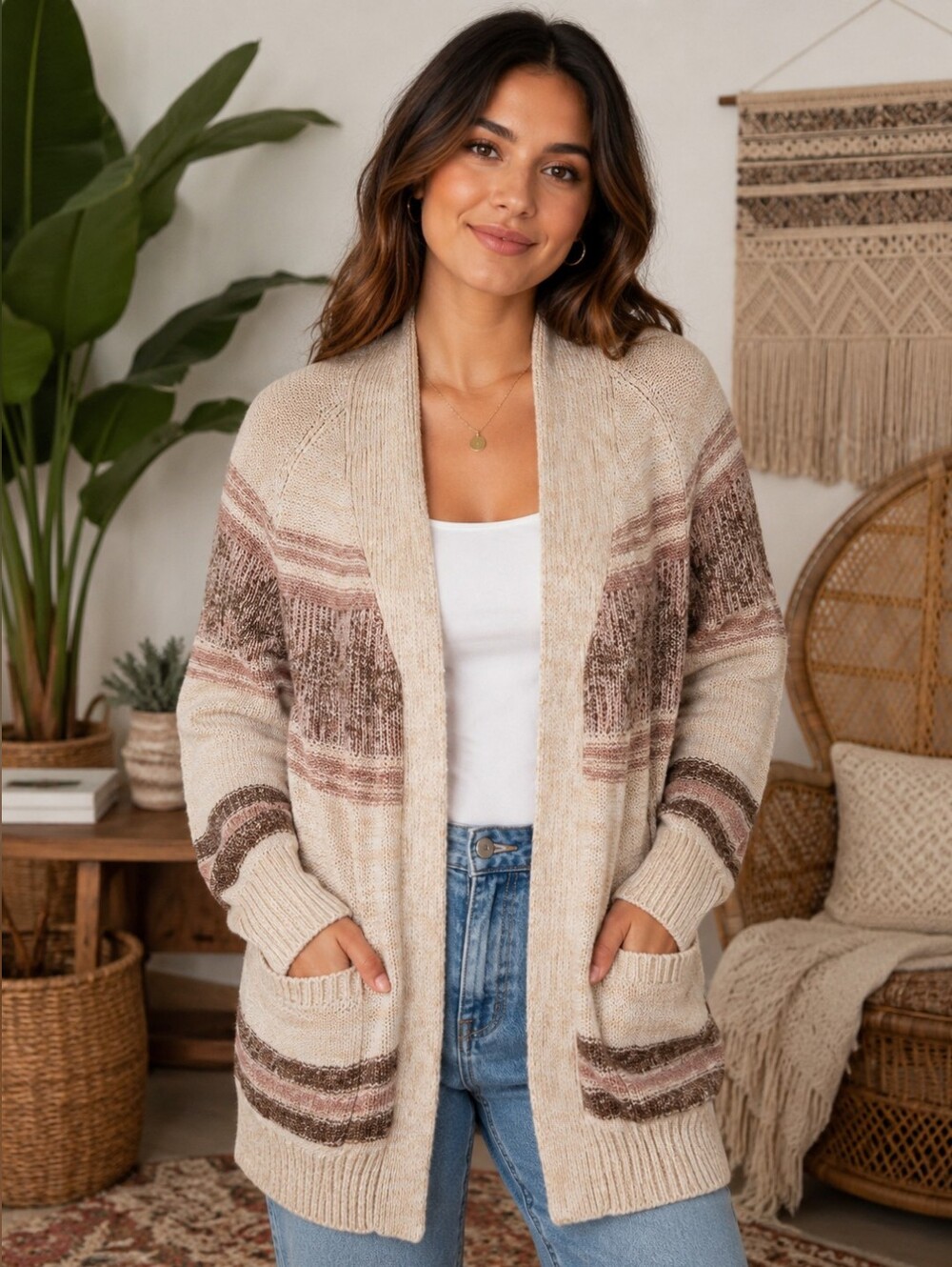 Forever 21 Cozy Knit High Collar Cardigan Sweater Size Large Boho Western Aztec